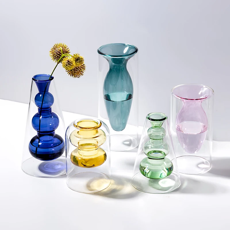 Nordisk Farverige Glas Vase Hydroponics Stue Dekoration Blomst Arrangement Dobbelt Lag Transparant Vaser Desktop Indretning 4