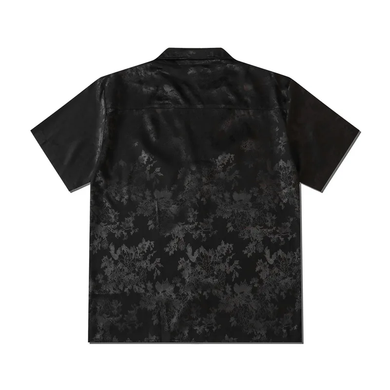 Harajuku Mænd Shirts Black Flower Print Korte Ærmer Enkelt Breasted Løs Skjorte 2020 Hip Hop Stranden Casual Streetwear Unisex 4
