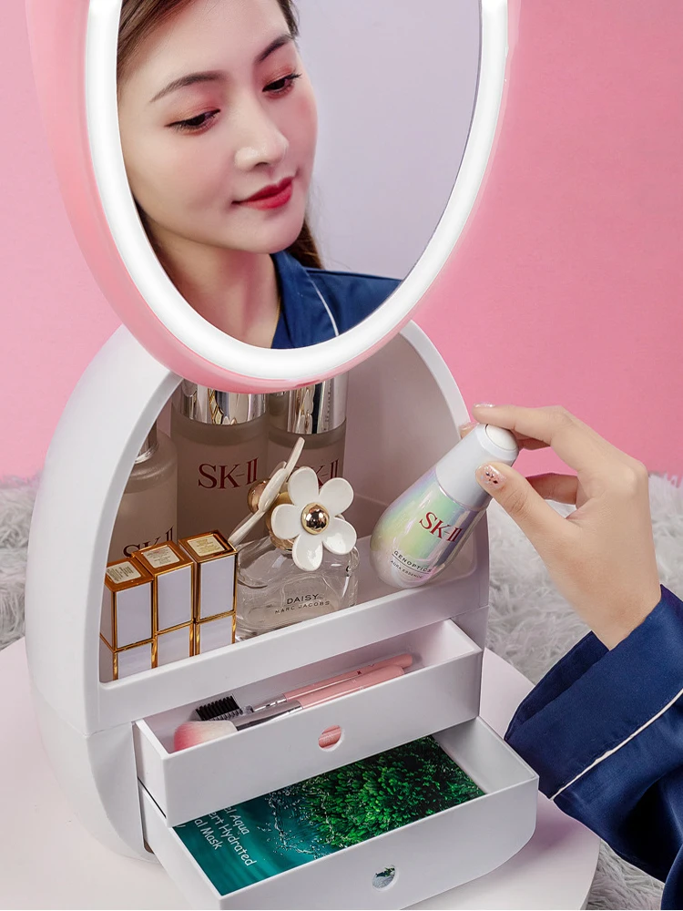 LED-Light Desktop Arrangør HD-Spejl Makeup Organizer Skuffe type Kreative Kosmetiske opbevaringsboks Protable Beauty Box 4