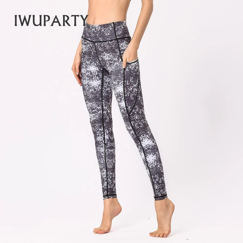 IWUPARTY Blomster Print Yoga Pants med Lommer, Høj Talje Sport Tights Kvinder Patchwork Bukser Workout Fitness Tøj Sweatpants 4