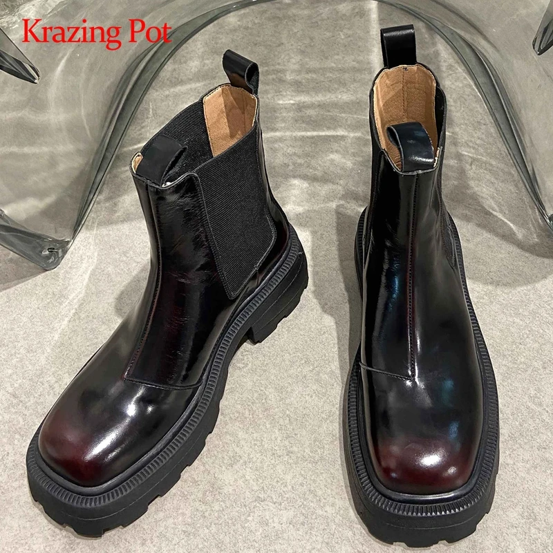 Krazing pot strække støvler, naturlig læder vintage patchwork platform firkantet tå tyk høj hæl slip på mode-ankel støvler L64 4