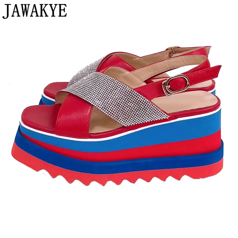 Crossover sandaler Kvinder rhinestone platform fastkile høj hæle af ægte læder bling bling sommeren crystal beach sko blandet farve 4