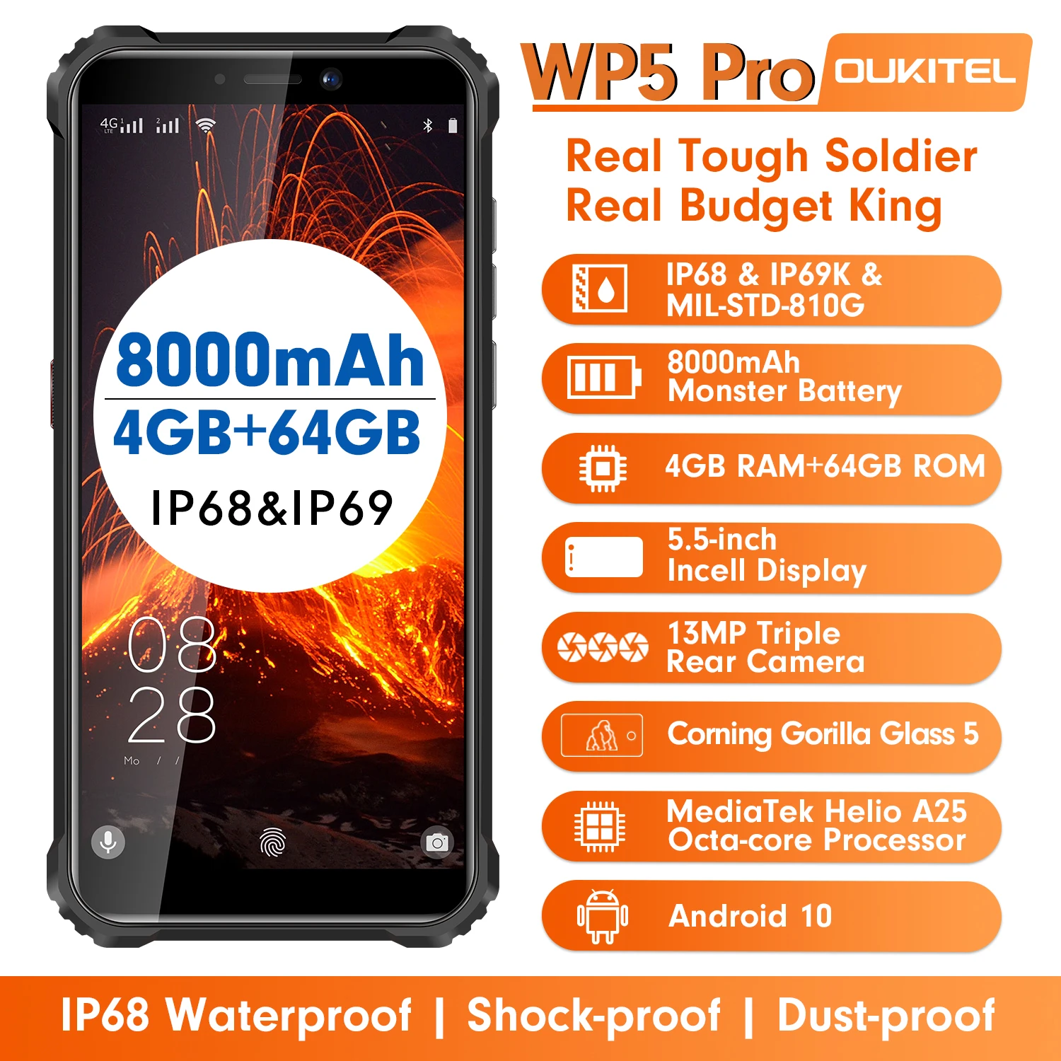 OUKITEL WP5 Pro IP68 Vandtæt Smartphone 8000mAh Android 10 Tredobbelte, Kamera, 5.5 tommer Skærm Fingeraftryk 4GB 64GB Mobiltelefon 4