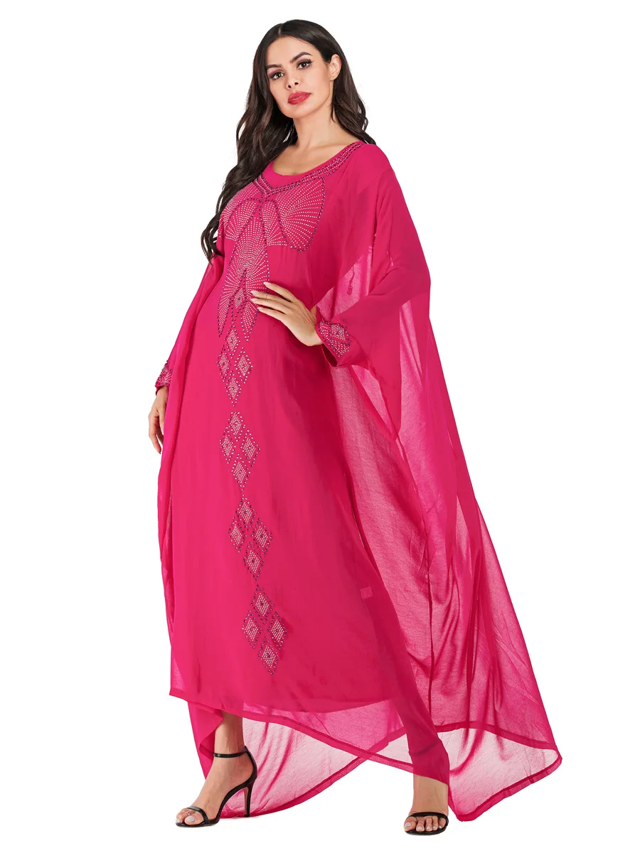 Chiffon Rhinestone Perler Dobbelt-lag Etniske Kjole Batwing Ærme Muslimske Abaya Dubai Arabiske Hellige Kjortel Marokkanske Kjole VKDR1749 4