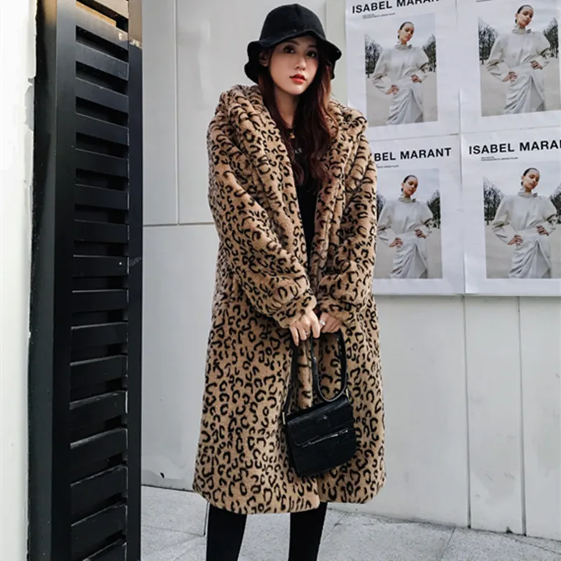 Vinter nye pels kvinder leopard hooded lang over knæet pels mink imiteret pels løs jakke dame Fritid leopard print coat 4