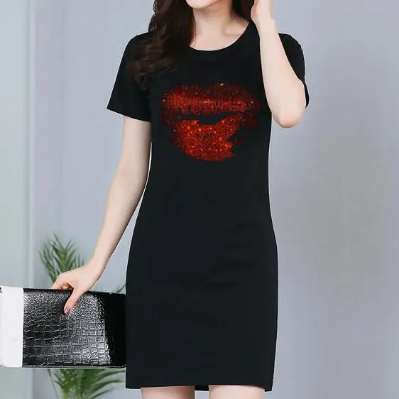 Plus størrelse 3XL! sommeren nye mode hot boring lyse røde læber kort-langærmet trykt T-shirt kjole 4