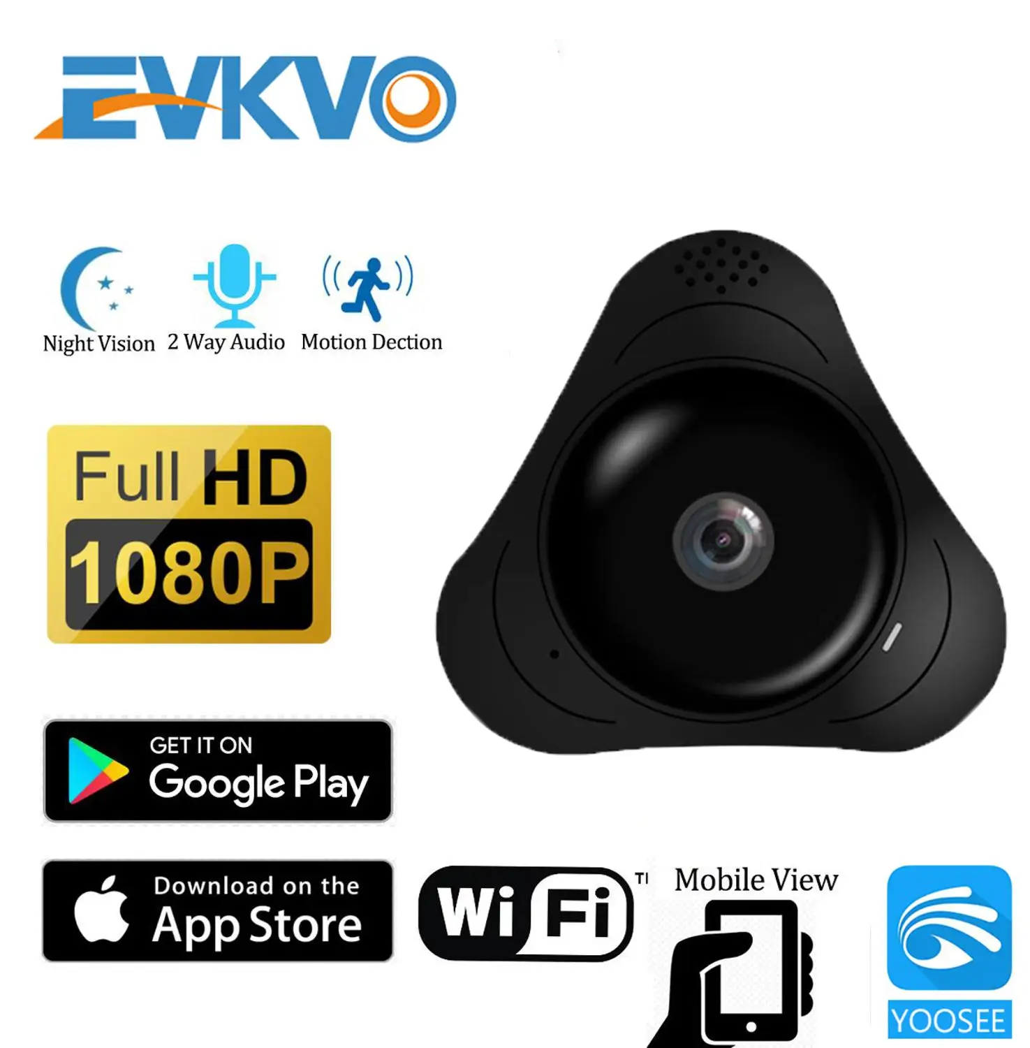 EVKVO WIFI Kamera 360 Graders Panorama Hd 1080P HD MINI Trådløse IP Kamera Indendørs Home Security CCTV P2P Cloud YOOSEE Cam 4