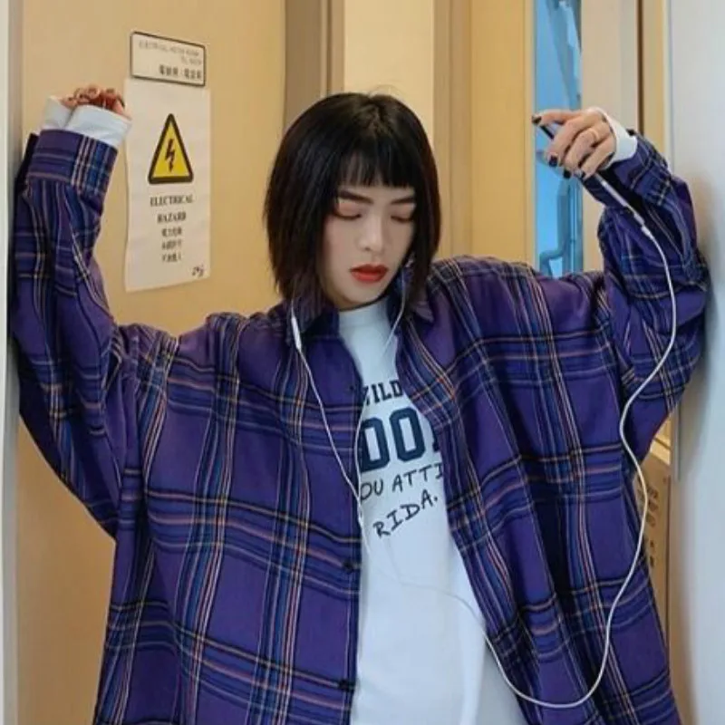 Skjorter Kvinder Plaid Oversize BF Vilde koreansk Stil Studerende Forår Dame langærmet Pels Smarte Toppe Trendy Cool Alle-match Retro 4