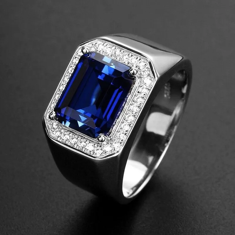 BOCAI Nye Kunstige blå korund safir mænds ring diamanter på hvidguld belagt titanium stål mænds ring justerbar størrelse 4