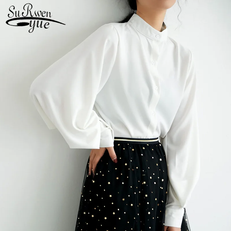 Efteråret 2021 Fashion Kvinder Chiffon Shirts Vintage Hong Kong Style Lanterne Ærmet Shirt Solid Langærmet Knappen Bluser 6462 50 4