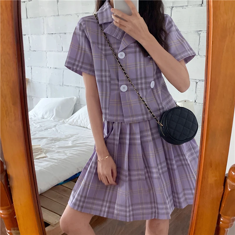 Japansk College Stil Harajuku Skole Uniform Outfit Søde Plaid Kort Ærme Toppe Sød, Høj Talje Plisserede Bolden Lilla Dragt 4