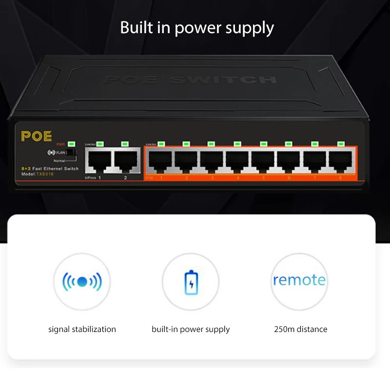 8 Port POE+2Uplink Fast Ethernet Swither 10-Port POE Switch100 Mbps Med Intern Strømforsyning VLAN-Managed Switch Fuld-Dupleks 4