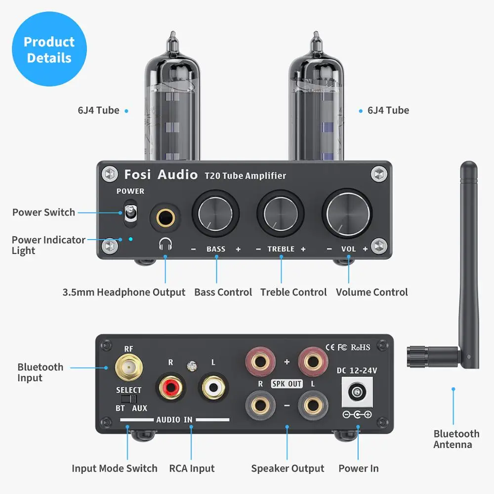 Fosi Audio Bluetooth-Rør Forstærker Stereo Lyd 50W TPA3116D2 Power Amp Bærbare hovedtelefonforstærker For Hjem Passive Højttalere 4