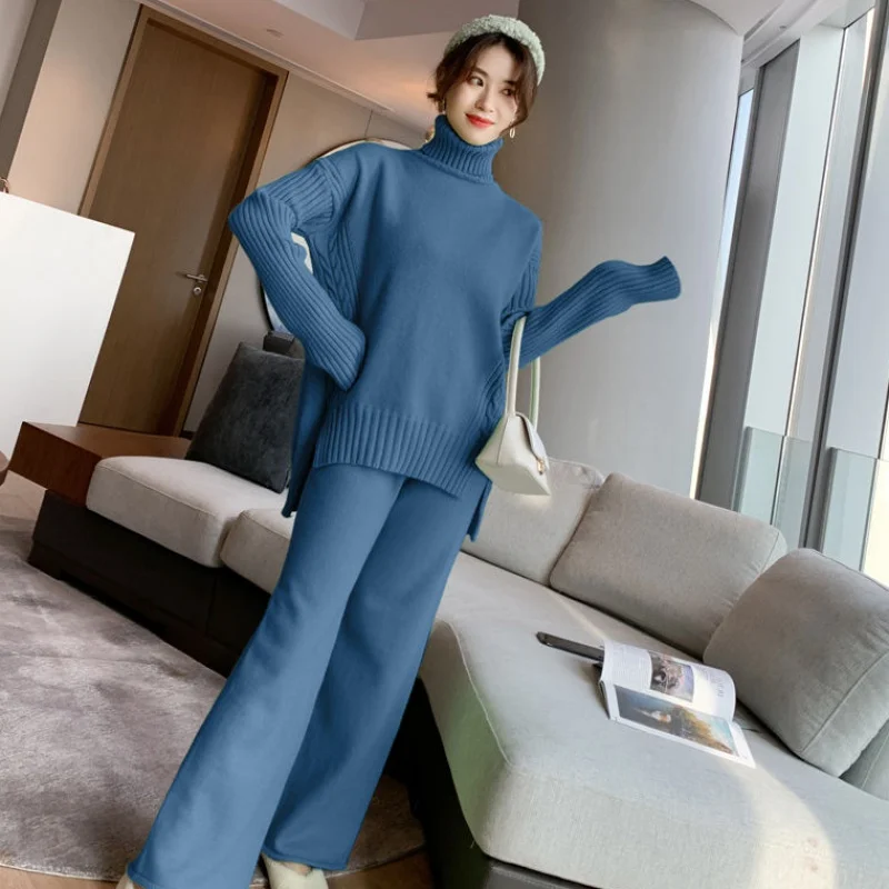 Mode til kvinder, der passer 2020 efterår og vinter nye temperament sweater med høj hals strikket bred ben bukser, to-piece suit 4