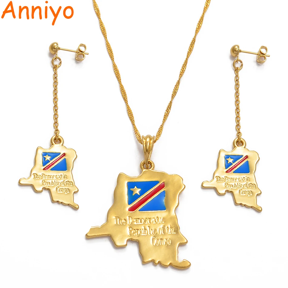 Anniyo Demokratiske Republik Congo Kort Halskæde Øreringe Guld Farve demokratiske republik CONGO Vedhæng Congo Smykker Til Kvinder Girl #046611 4