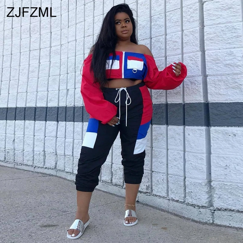 ZJFZML Casual To delt Sæt til Kvinder Fra Skulder Fuld Ærme Afgrøde Top Og Mid-Claf Bukser Efteråret Tøj Streetwear 2 delt Sæt 4