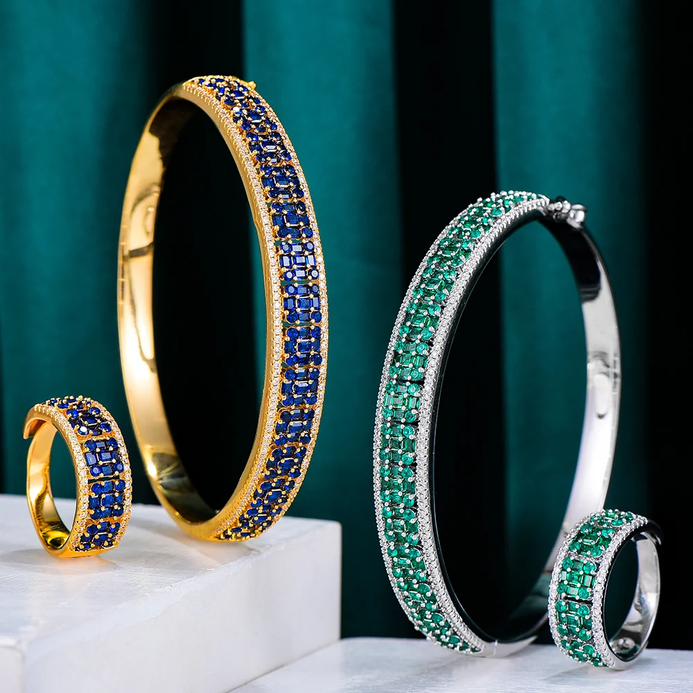 GODKI Luksus 3PC Grønne Øreringe Bangle Ring Set For Kvinder bryllupsfest Baguette Skære Zirkonia Dubai Brude Smykker Sæt BOHO 2020 4