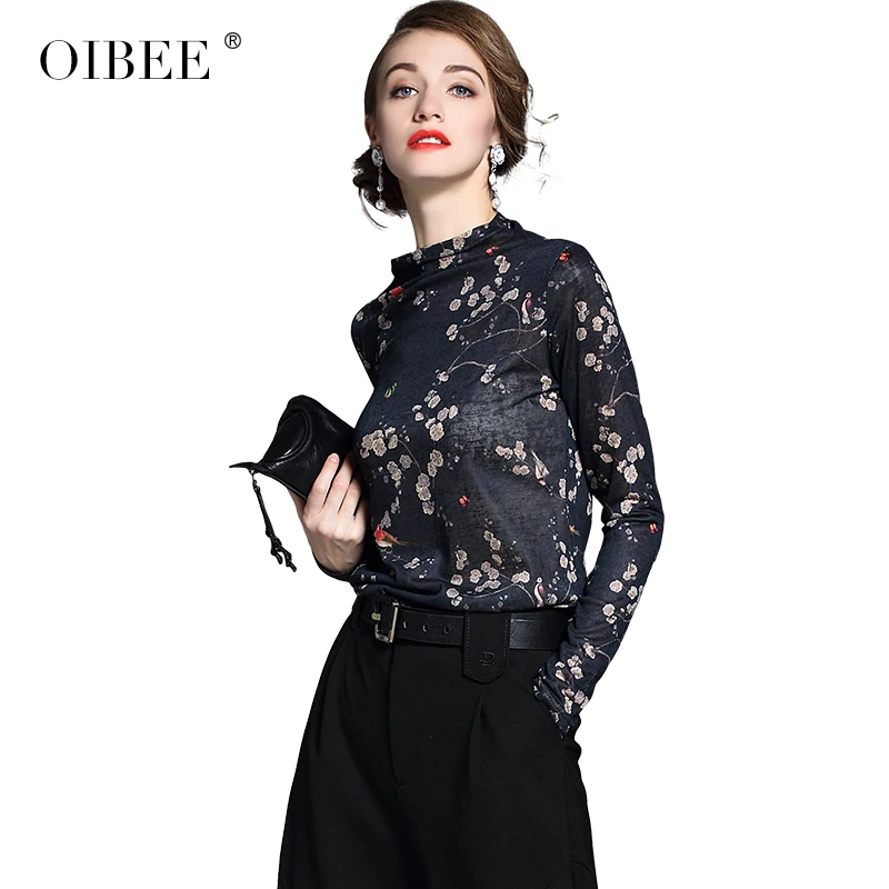 OIBEE2019 Nye Mode Skåret Ud Almindeligt Kvinder Tee Elegant Sort langærmet T-shirt med O-Hals blomsterprint Alle-match Toppe Tee 4