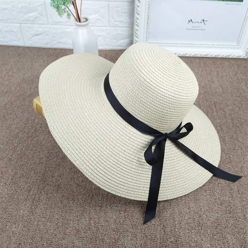 Rejser om sommeren stranden hatte vilde ride strå hat stor sløjfeknude bånd halm cap damer UV-beskyttelse søn caps 4