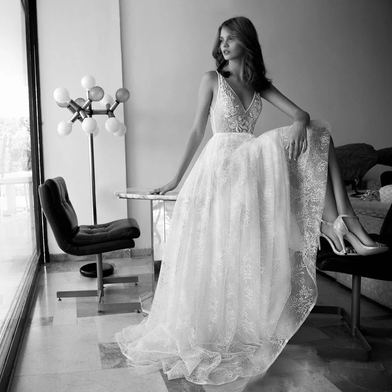 Verngo Delikat Full Lace Wedding Dress Stranden Boho Bride Kjoler, En Linje Backless-Gulvtæppe Længde Robe de mariee 4