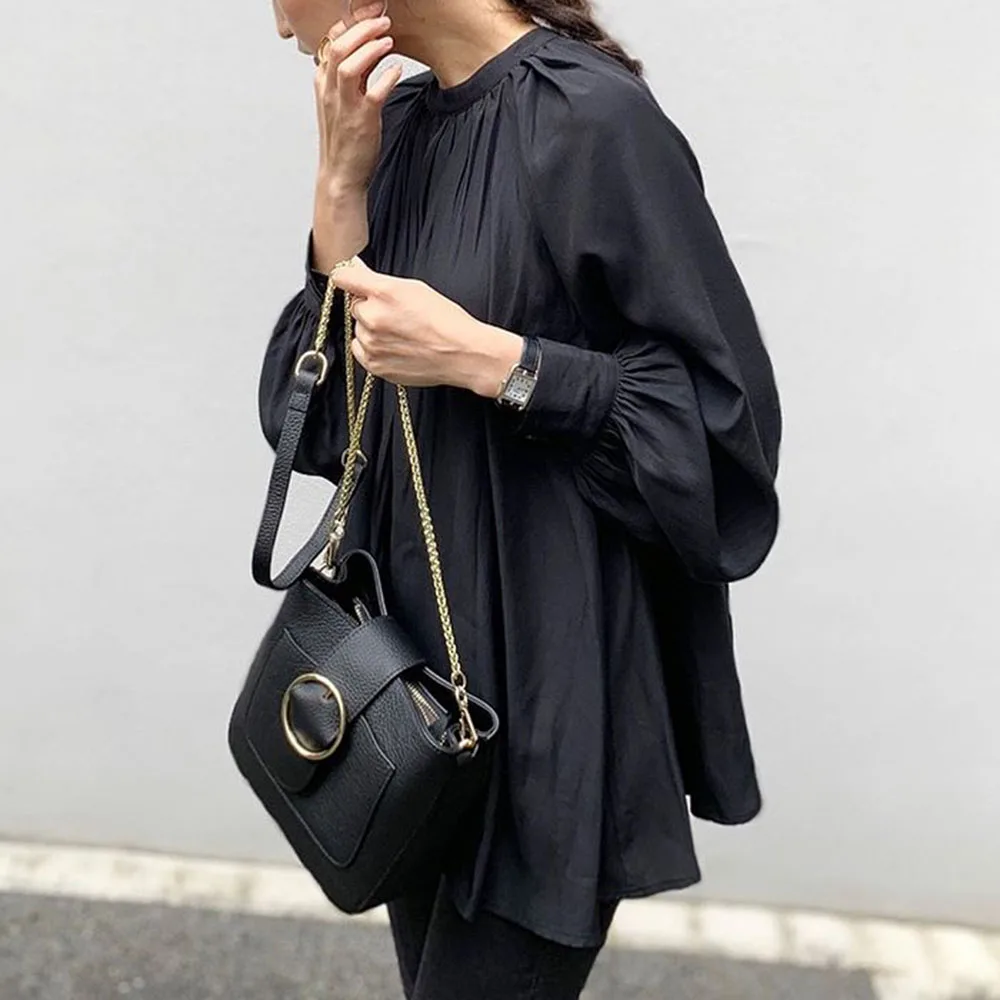 Foråret langærmet T-shirt Solid Black Kontor Damer Elegante koreanske Grundlæggende Løs Kvinder Pullover, Tops Tees Oversize Minimalistiske 4