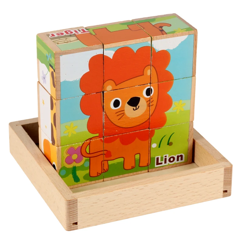 9pcs Baby legetøj Træ blok huggeblokken, Træ-terninger Animalsk Frugt Trafik 6 side Pædagogisk legetøj til Børn fødselsdagsgave 4