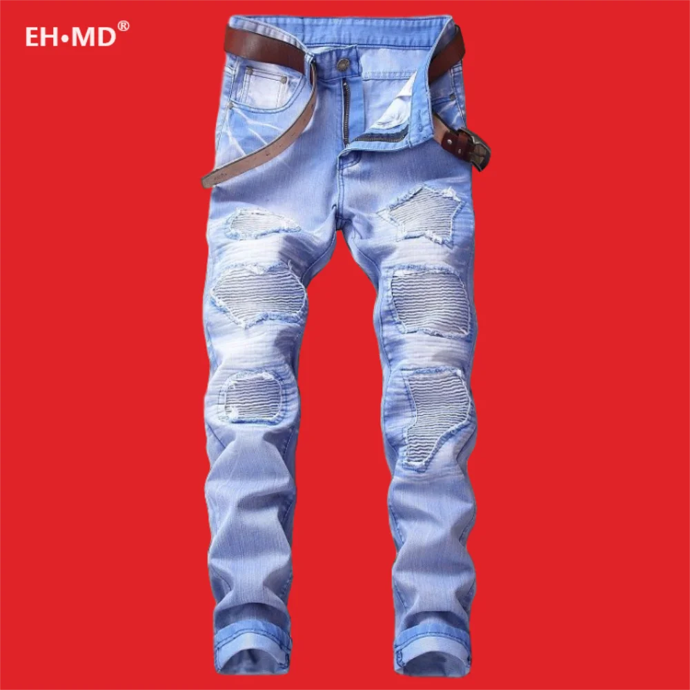 EH · MD® Høj Elastisk Bleget Blå Jeans til Mænd Bølget Rynkede Hul Patch Bomuld, Blød Lille Straight High Street Slanke Bukser 2020 4