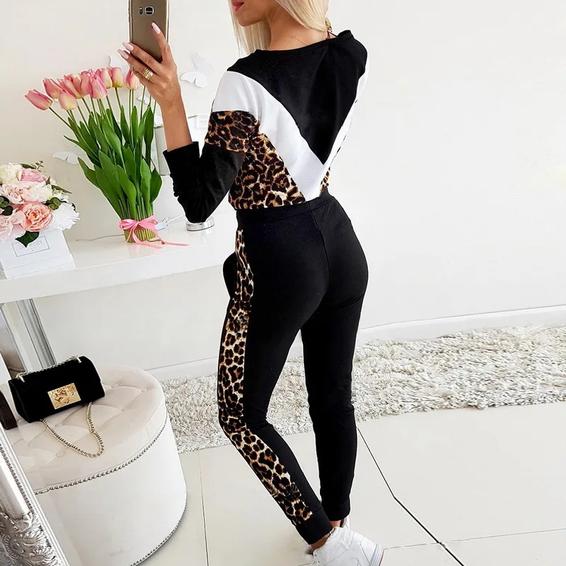 Høj Kvalitet Kvinder 2 Stykke Udstyr Leopard Print, Lange Ærmer Pullover, Sweatshirts Og Bukser Set-Top Og Pants Træningsdragt Kvinder 4