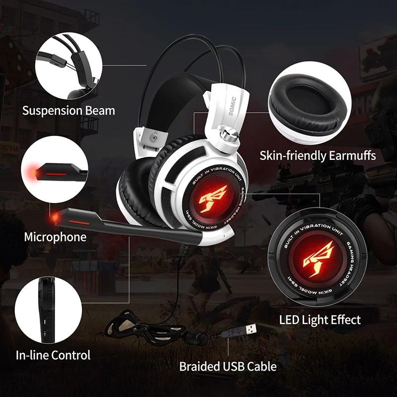 Somic G941 Gaming Headset 7.1 Virtual Surround Sound Hovedtelefoner med Mikrofon Stereo hovedtelefoner vibrere til PC Laptop 4