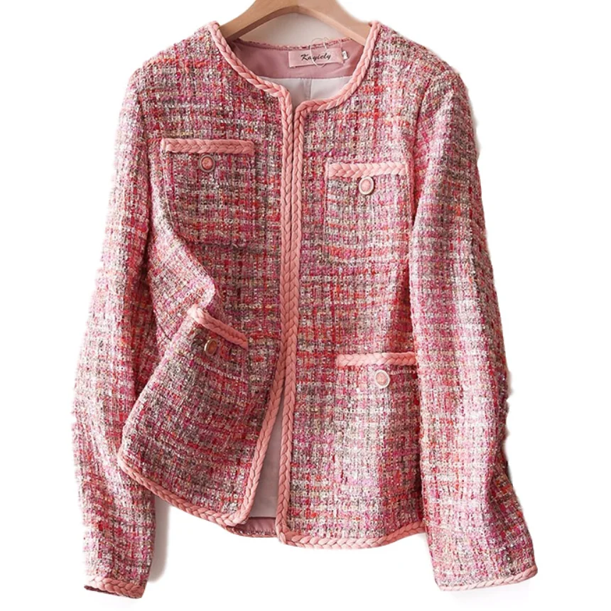 Tweed kvinder jakke i foråret efteråret o-hals, lille duft pink uld frakke ny Uld klassiske jakke, Damer 4