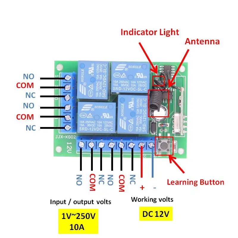 RF-Switch Fjernbetjening 12V DC 10Amp 4CH Relæ Modtager og Sender til Universal Garage Kontrol og Hjem apparat Kontrol 4