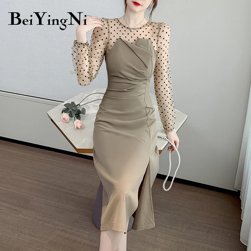 Beiyingni 2020 Efteråret Nye Mode Patchwork langærmet Dame Kjole Sexet Split Elegante Kjoler koreanske Romantik Part Vestidos OL 4