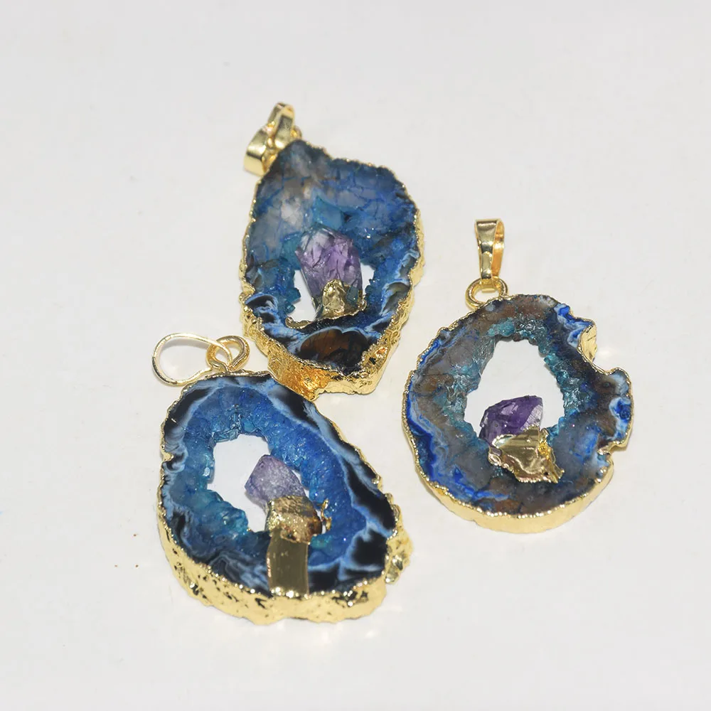 Naturlige Skive Blå Sten vedhæng til smykker at gøre kvinder 2020 Guld Plating Druzy Amulet store Uregelmæssige sten punkt perle hjerte 4