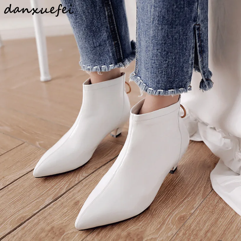 Kvinder ' s kitten heel hvid ankel støvler i ægte læder lav hæl korte støvletter spids tå efteråret støvler damer komfortable sko, 4