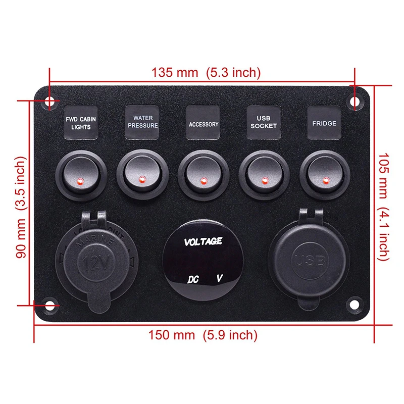 Lastbil med Dobbelt USB-opladning, 5 Bande On-Off Toggle Kontrol Switch Panel RØDE LED-Voltmeter Circuit Breaker For 12V-24V Bil, Båd Marine 4