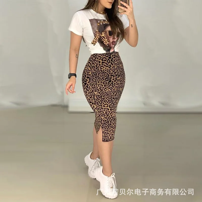 WEPBEL Nye 2stk Tøj, der Passer Korte Ærmer Leopard Print Tøj Sæt T-Shirt + Nederdel med Høj Talje Sexet Mode Sommeren Afslappet Kvinder 4