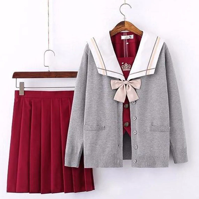 Rød Japansk Skole Uniform For Girls Sweet Lolita Sømand Koreanske Uniformer Cosplay Langærmet Skjorte Plisseret Nederdel Studerende Sæt 4
