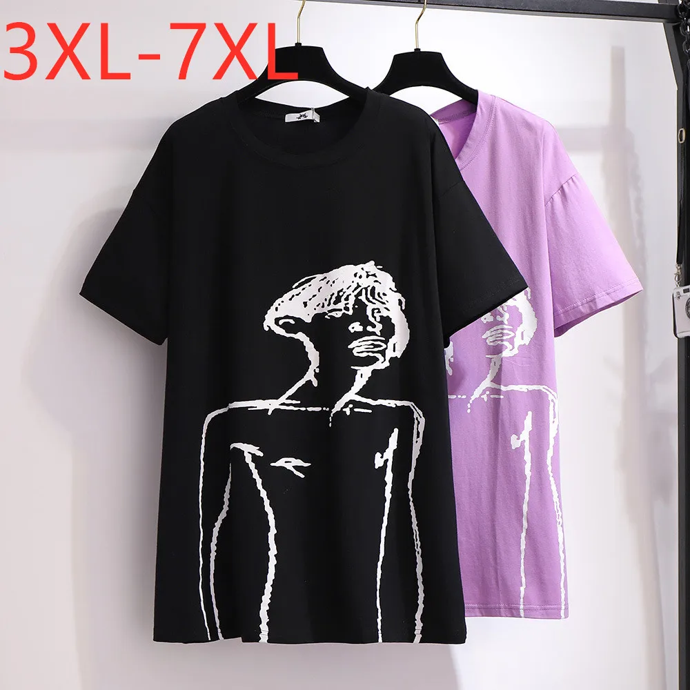 Nye 2021 sommer plus size toppe til kvinder, store løse korte ærmer bomuld print O-neck T-shirt sort lilla 3XL 4XL 5XL 6XL 7XL 4