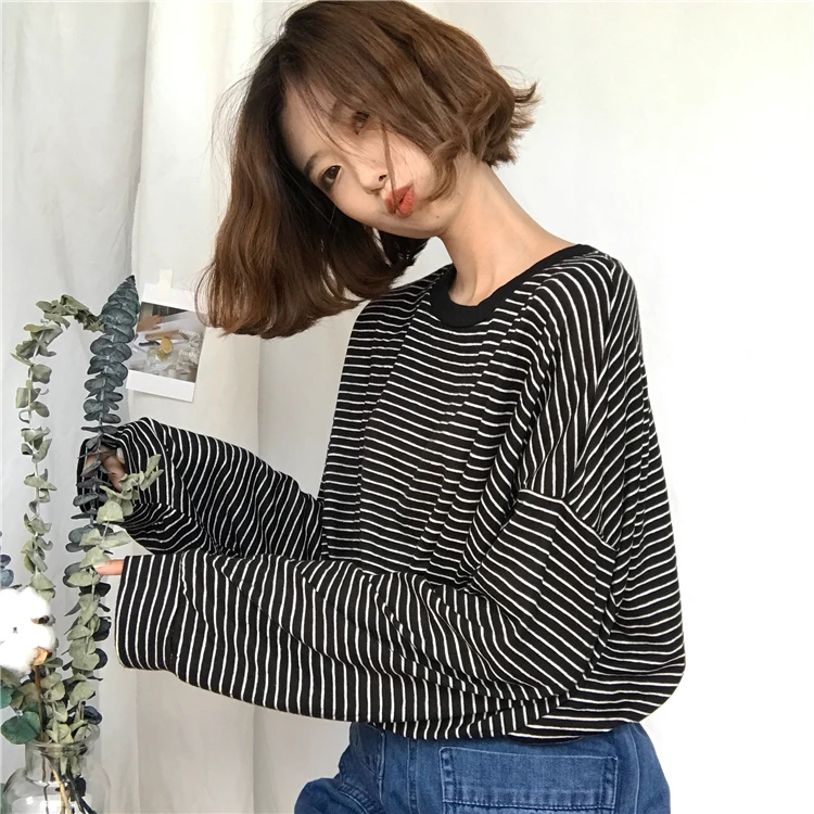 2020 Foråret Efteråret koreansk Stil Ulzzang Harajuku Retro Lange Ærmer O-hals Stribet T-shirt til Kvinder Toppe Casual Mode Tshirt 4