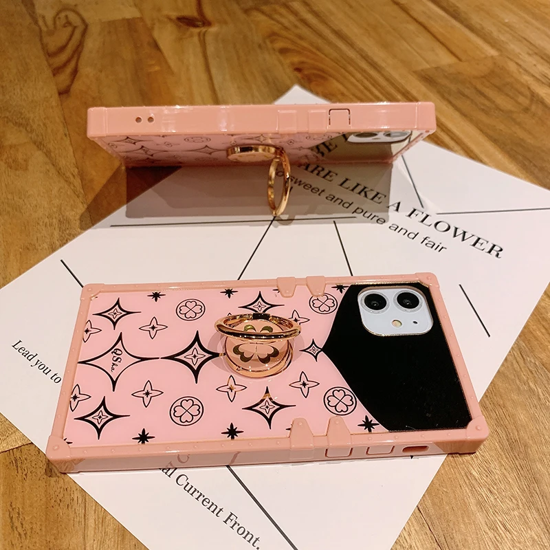 Luksus-Pladsen Søde Kløver Pink Phone Case For iPhone-11 Pro Max 12 Mini X XS-XR 7 8 Plus-Blød Silikone Spejl Dække Ring Holder 4