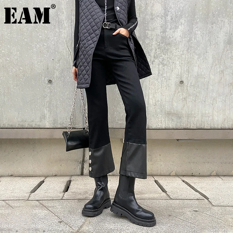 [EAM] Høj Elastisk Talje Splejset Pu Læder Straight Bukser Nye Loose Fit Bukser Kvinder Mode Tidevand Foråret Efteråret 2021 1DD2726 4