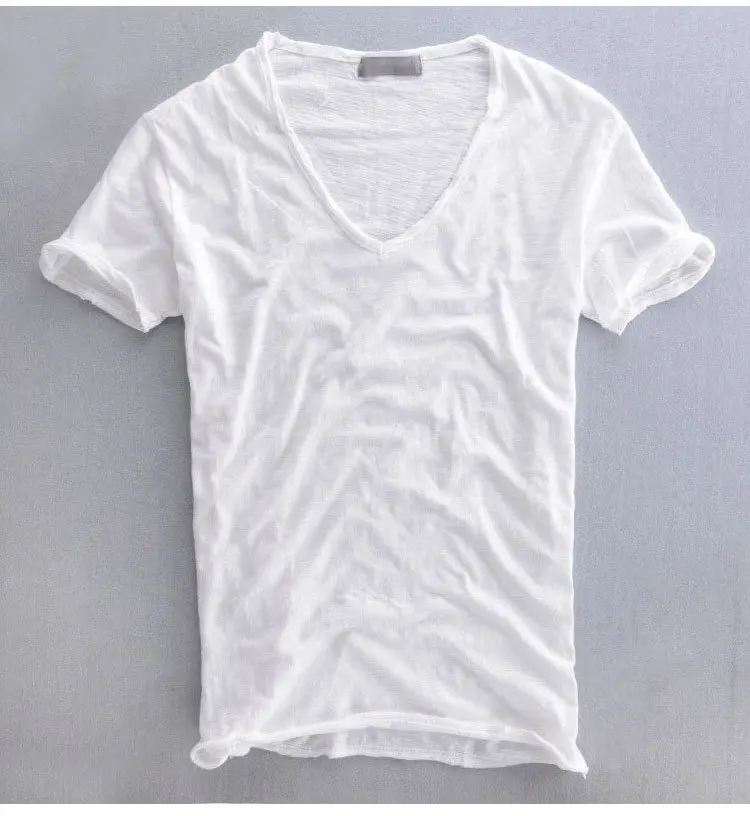 2020 sommeren afslappet T-shirt i ren bomuld slub åndbar retro ensfarvet V-hals, korte ærmer 4