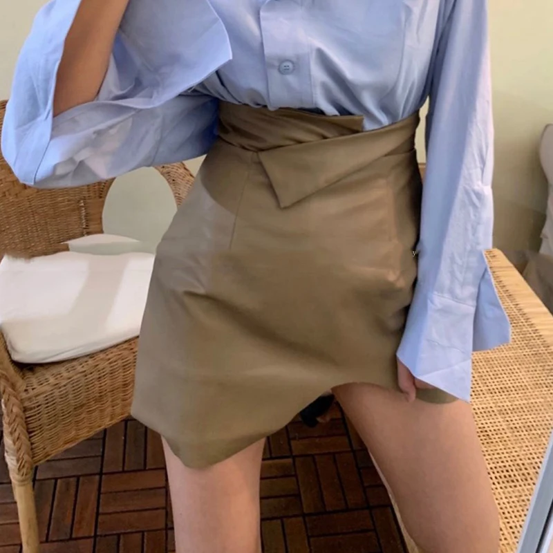 GALCAUR koreanske Pu Nederdel For Kvinder med Høj Talje Tunika Ruched Asymmetrisk Hem En Line Mini-Bodycon Nederdel Kvindelige 2020 Mode Stil 4