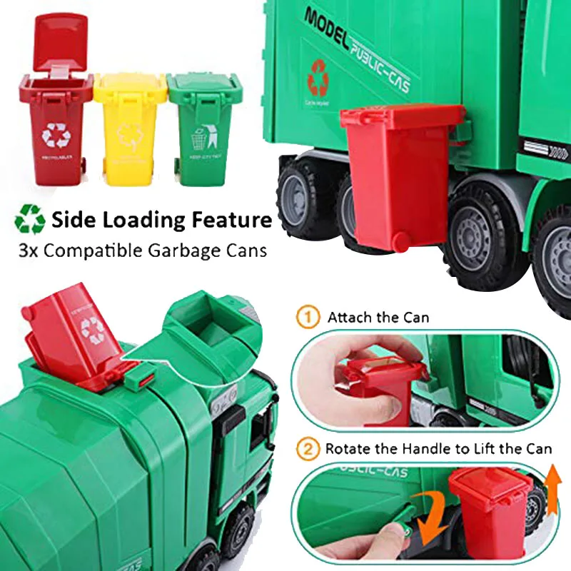 14 Tommer Friktion Drevet Garbage Truck Toy,med 3 skraldespande,kræver Ikke Batteri,En God Gave til Børn 4