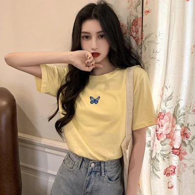 8 farver sommer koreansk stil 2020 sommerfugl broderi kort ærme løs t-shirts dame t-shirt femme kvinder toppe (C2355) 4