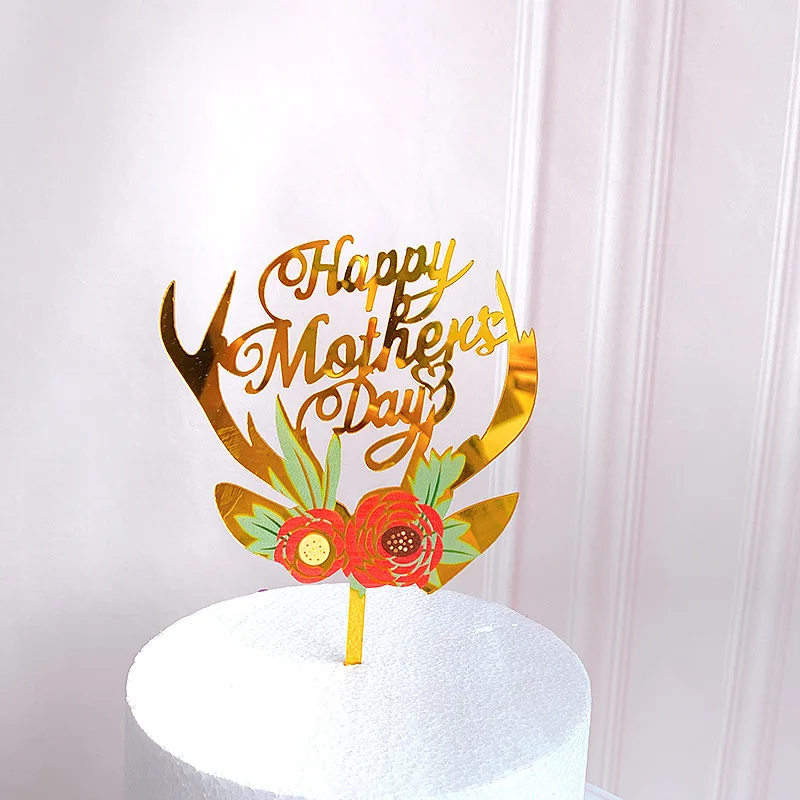 10 pc-Farvet Blomster Happy Birthday Cake Topper Golden Akryl bryllupsfest Dessert Dekoration til Baby brusebad Bagning Leverancer 4