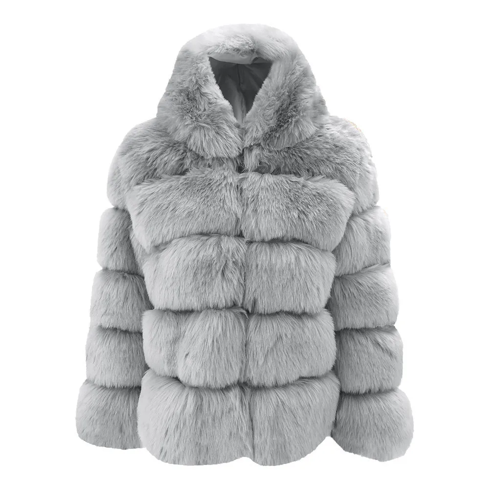 Mode Faux Fur Frakke Med Hætte Mode, varm, Løs Sort Hvid Grå Imiteret Pels Jakke med Lange Ærmer Winter Plus Size Kvinder 4
