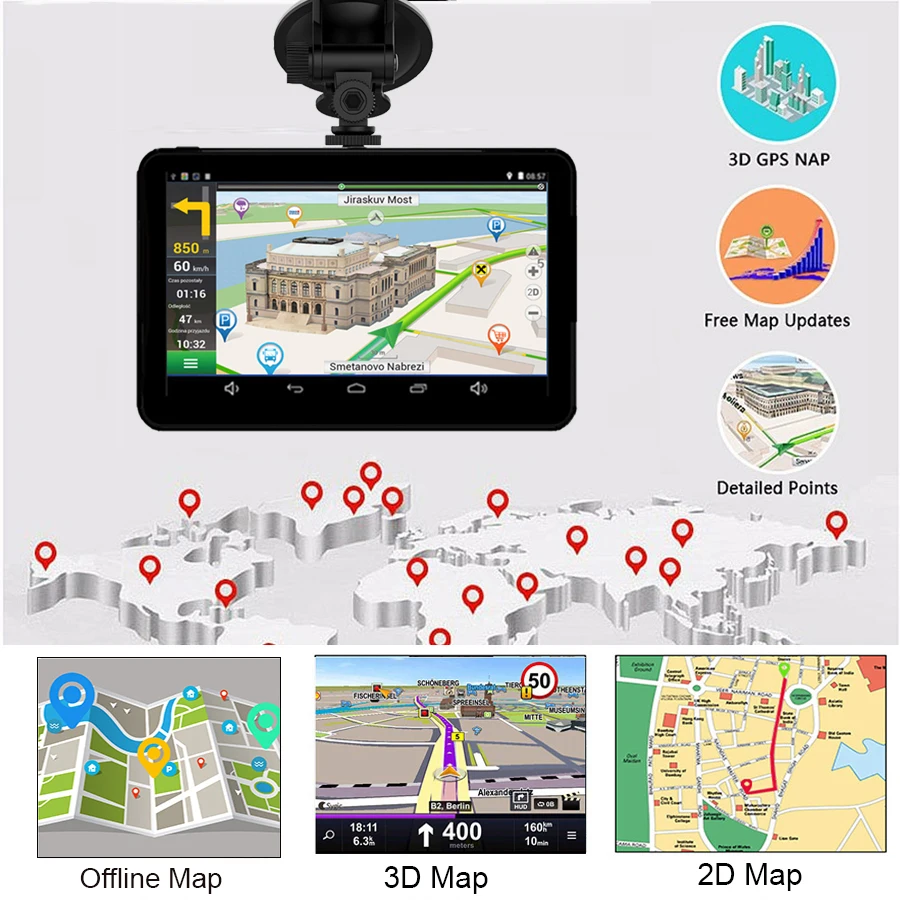 Anfilite 7 tommer Kapacitiv skærm, Android bil GPS-Navigator Quad Core 16GB bil DVR dash cam dual-kameraer 1080P registrere gratis kort 4
