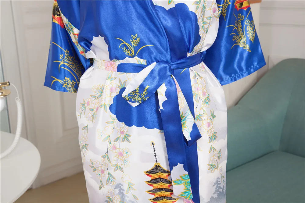 Nyhed Trykt Lang Stil Kvinders Kimono Kjole Vintage Trykt Natkjole Morgenkåbe Satin Nattøj Slåbrok One Size M05 4