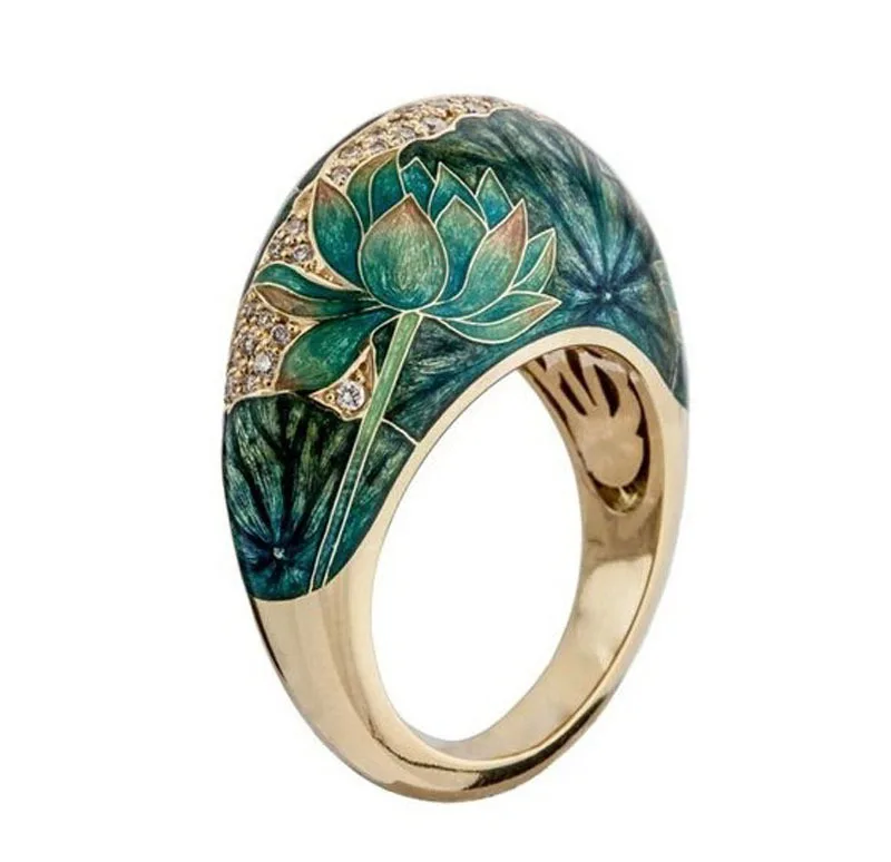 Vintage Olie Malet Lotus Blomst Udsøgt Ring Smykker Til Kvinder Personlighed 3D Blomster Finger Ringe, Smykker Gaver Tilbehør 4